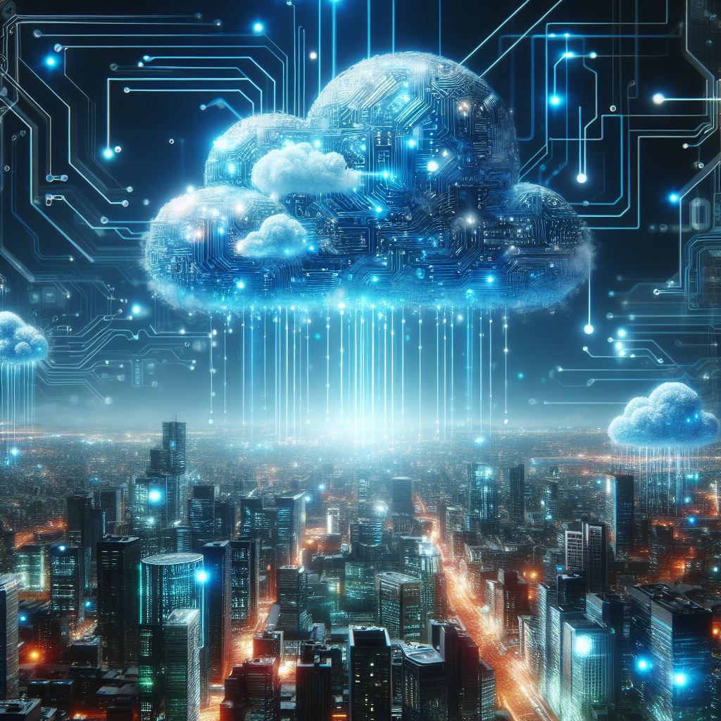 Representación de la computación en la nube. Nube encima de edificios interconectados.